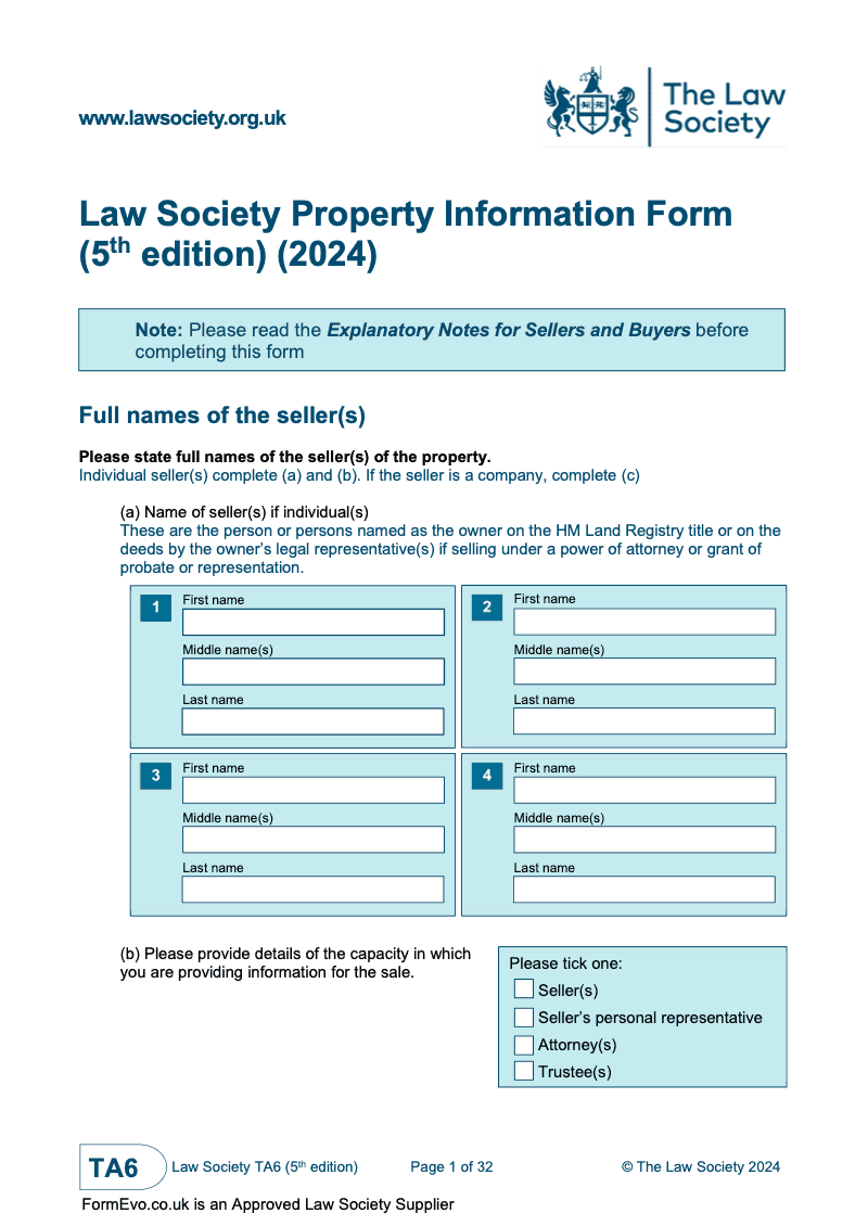 TA6 5thEdition Law Society Property Information Form 5th edition 2024 electronic signature available preview