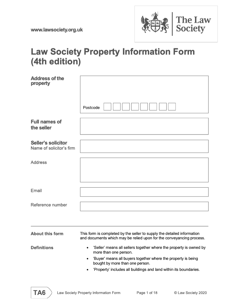 TA6 LFS FEB20 Law Society Property Information Form 4th edition preview