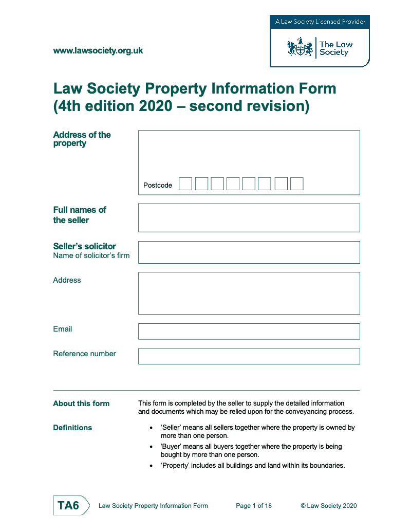 TA6V Law Society Property Information Form 4th edition second revision electronic signature available Validation version preview