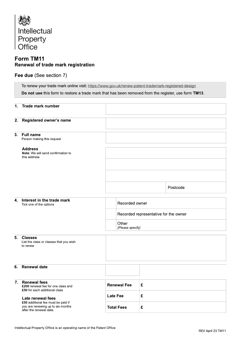 TM11 Renewal of trade mark registration preview