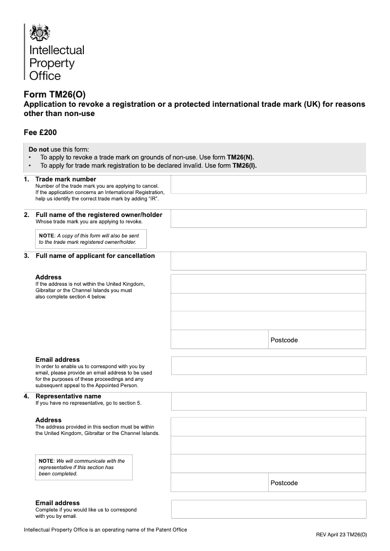 TM26 O Application to revoke a registration or a protected international trade mark UK for reasons other than non use preview