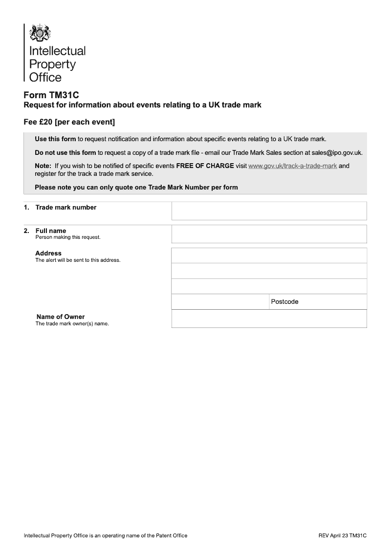 TM31C Request for information about events relating to a UK trade mark preview