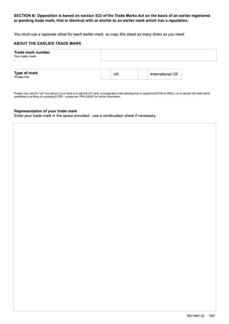 TM7B Opposition is based on Sections 5 3 of the Trade Marks Act on the basis of an earlier registered or pending mark that is identical with or similar to an earlier mark which has a reputation preview