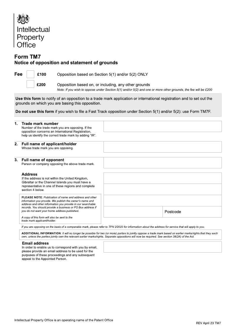 TM7FS Notice of opposition and statement of grounds Compulsory Front Section preview