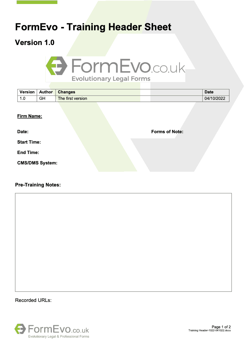 Training Header Sheet Training Header Sheet