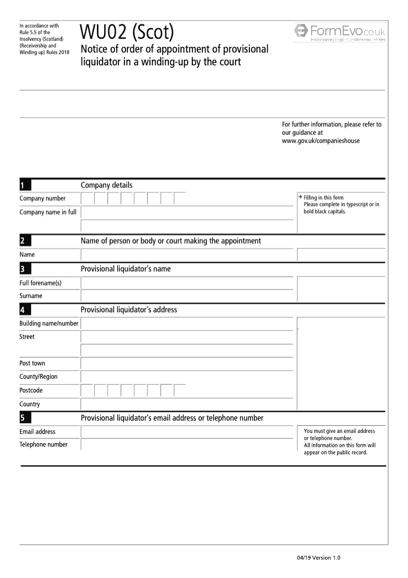 WU02 Scot Notice of Order of Appointment of Provisional Liquidator in a Winding Up by the Court preview