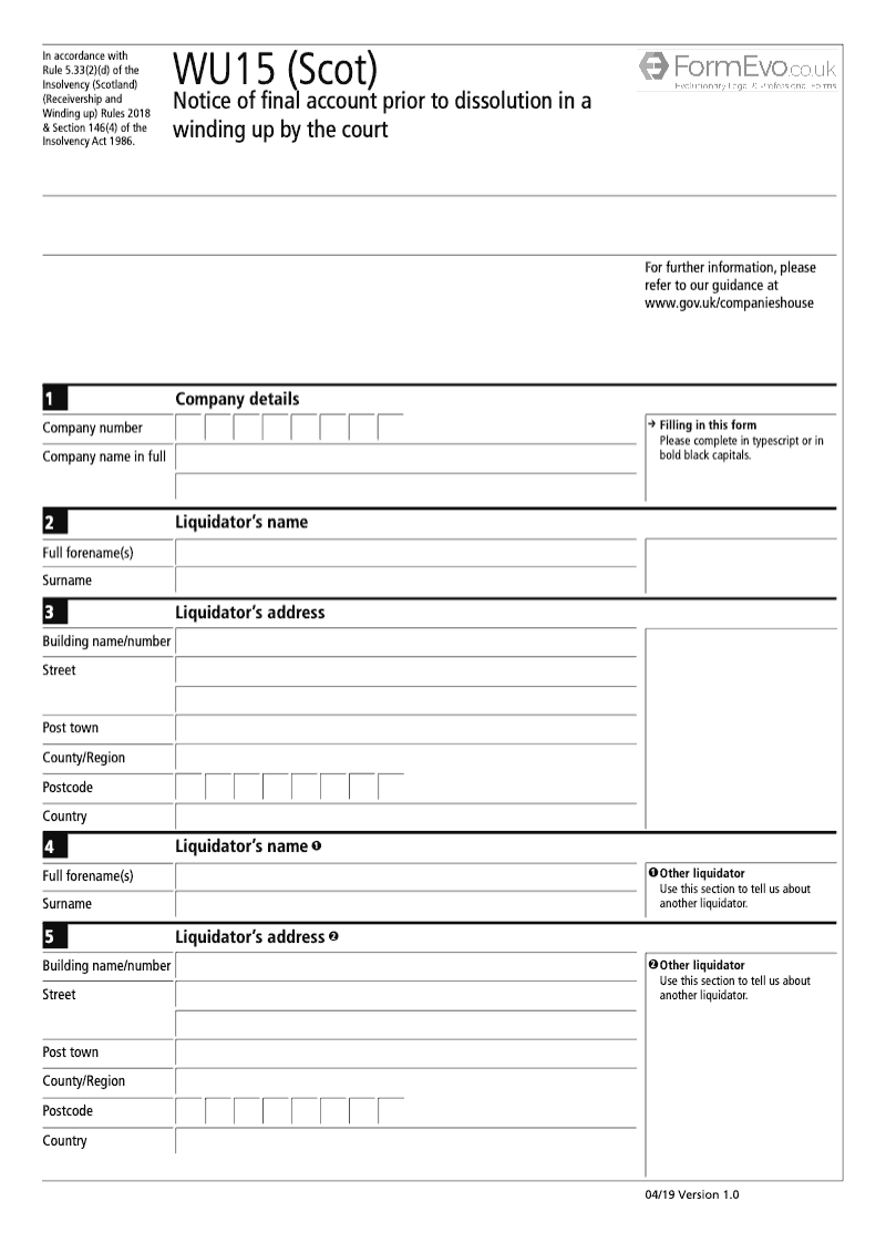 WU15 Scot Notice of Final Account Prior to Dissolution in a Winding Up by the Court preview