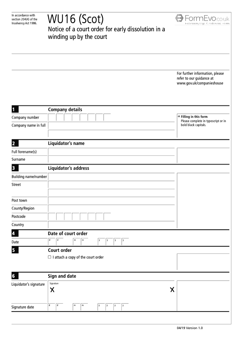 WU16 Scot Notice of a Court Order for Early Dissolution in a Winding Up by the Court preview